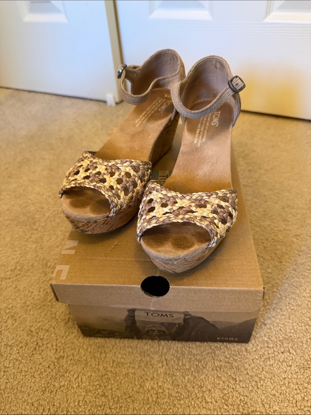 Toms Woven Ankle-Strap Wedge Sandals in Tan and Natural